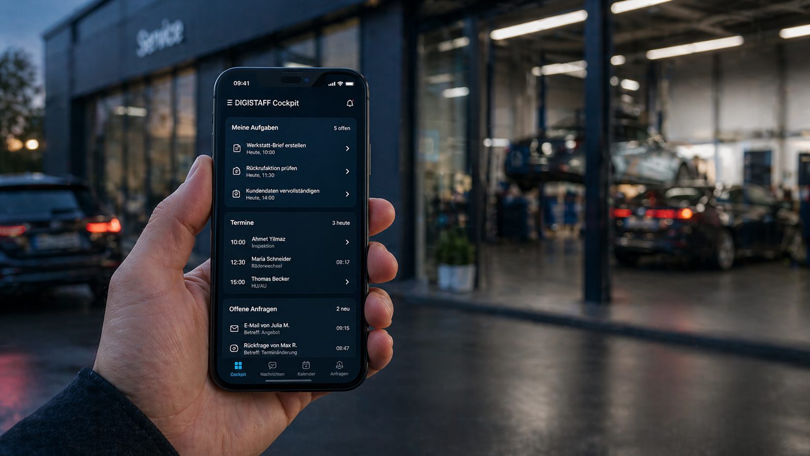 DIGISTAFF Cockpit auf Smartphone in der Hand des Werkstatt-Inhabers, im Hintergrund die Werkstatt