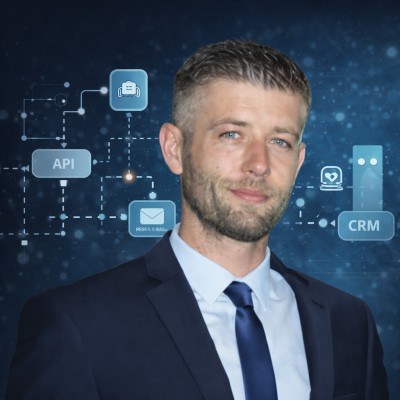Ronny Schumann, Gründer von DIGISTAFF — vor KI-Workflow-Visualisierung mit API, Mail, CRM